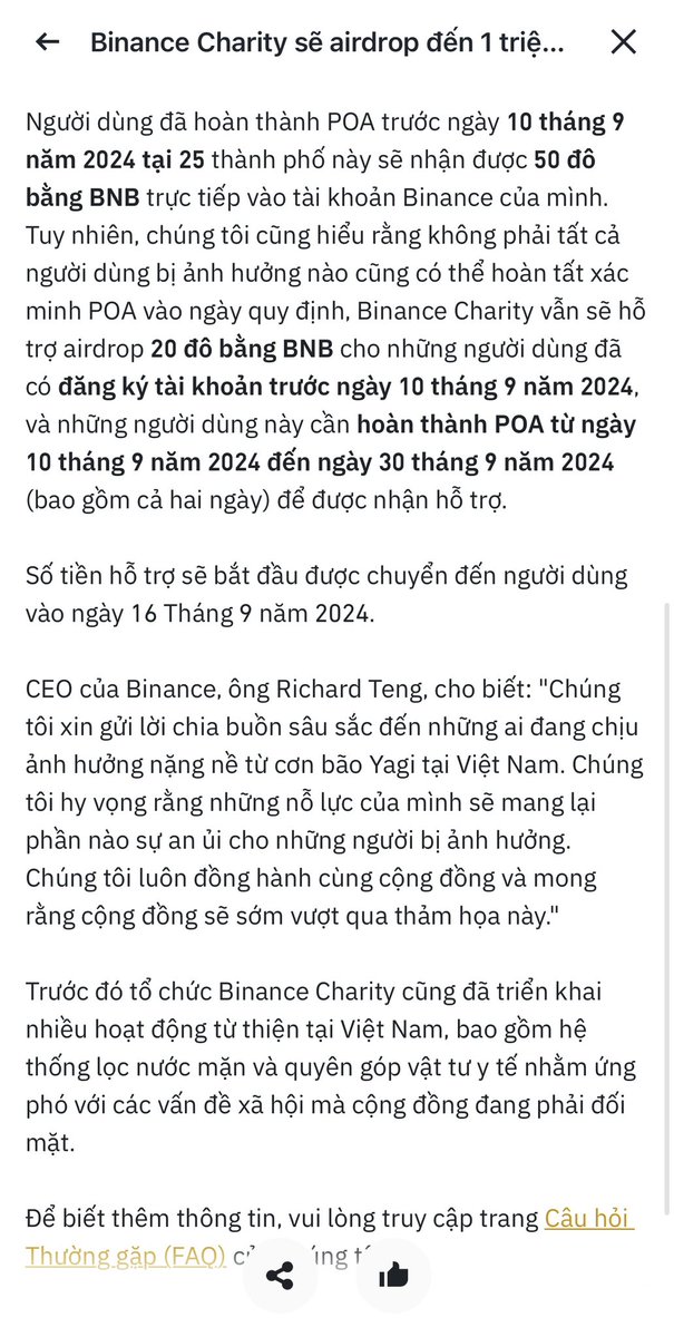 Binance Charity #Airdrop $1M (bằng BNB) đến đồng bào miền Bắc đang đầu tư Crypto trên #Binance