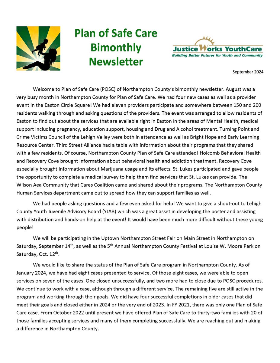JusticeWorksFOS's tweet image. 📢 Newsletter from Plan of Safe Care (POSC)! 📢
This is your go-to source for updates, insights, and highlights. Our September issue is below!
#POSCNewsletter #stayinformed #newsletter  #WhateverItTakes #planofsafecare