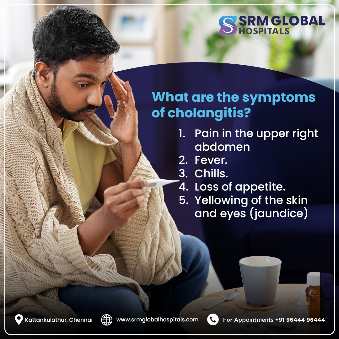 HospitalSrm's tweet image. Recognize the signs of cholangitis early! Symptoms include upper right abdomen pain, fever, chills, loss of appetite, and jaundice. Don’t ignore these warning signs—seek expert care.

#Cholangitis #LiverHealth #JaundiceAwareness #SRMGlobalHospitals #ExpertCare