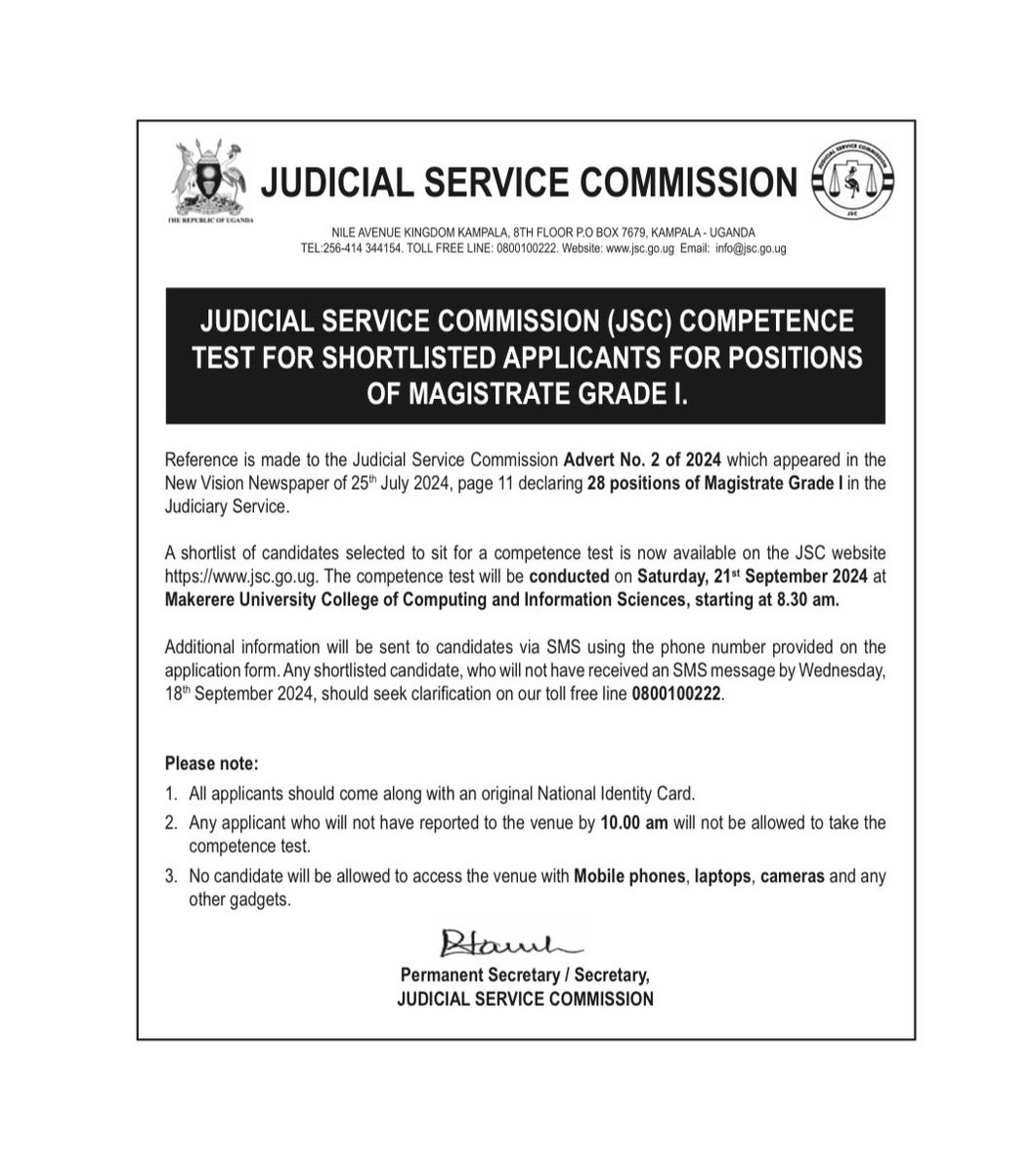 In reference to the advert quoted, a shortlist of candidates selected to sit for a competence test is now available on the JSC website jsc.go.ug. The competence test will be conducted on Saturday, 21st September 2024 at Makerere University College of Computing and
