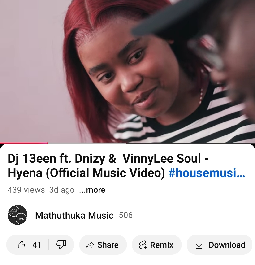 mathuthuka_'s tweet photo. https://t.co/CdcdF5EvPr 

Dj 13een ft. Dnizy and VinnyLee Soul - Hyena ( Official Music Video) is OUT NOW on YouTube.  Dont forget to like and subscribe to the channel. Send feedback  #amapiano #house #housemusic #youtube #musicvideo #sayoutuber #youtuber #music #dj #hyena https://t.co/ApfdqbgYdp