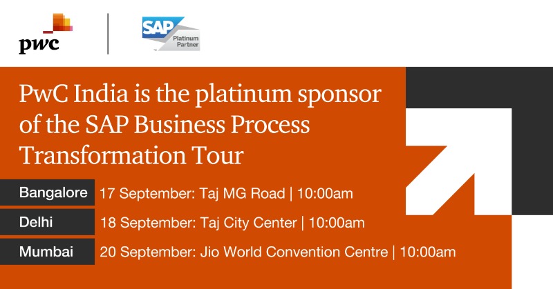 PwC_IN's tweet photo. PwC India is the platinum sponsor at the SAP Business Process Transformation Tour. Our leaders will be discussing how SAP Signavio transforms business process management and how LeanIX modernises enterprise architecture.

#TogetherWeFuture #SAP #BeTransformative https://t.co/WN2jxQhq3C