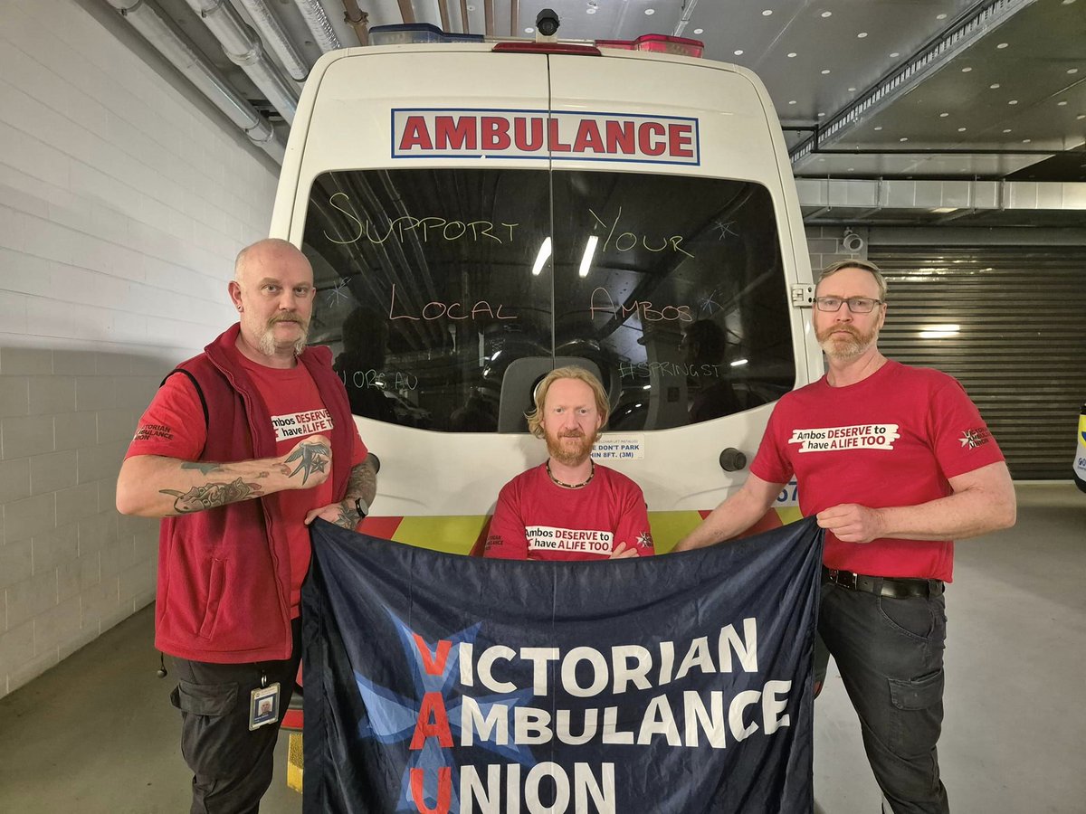 VicAmboUnion's tweet photo. After 20 months of bargaining, paramedics are still chalking up their trucks everyday and fighting for a fair deal.

Ambos are dedicated to saving lives but they deserve a life too.

#springst #ambosdeservealifetoo https://t.co/c2G13Z9QI0