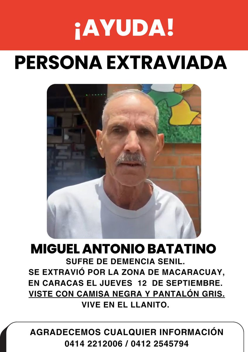 Batarocker's tweet image. Mi papá está extraviado desde ayer por favor RT para que llegué la información a más personas. #elnacional #caracas #macaracuay #fmcenter @PolisucreOficia
