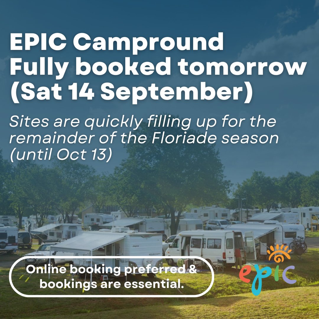 EPICCanberra's tweet photo. The campground is now fully booked out for tomorrow (Saturday 16th September)

Sites are quickly filling up for the remainder of the Floriade season! (Until October 13th)

*Online bookings preferred and bookings are essential* 
#epic #epiccanberra #camping  #Canberra https://t.co/PeIdlTUh5Z
