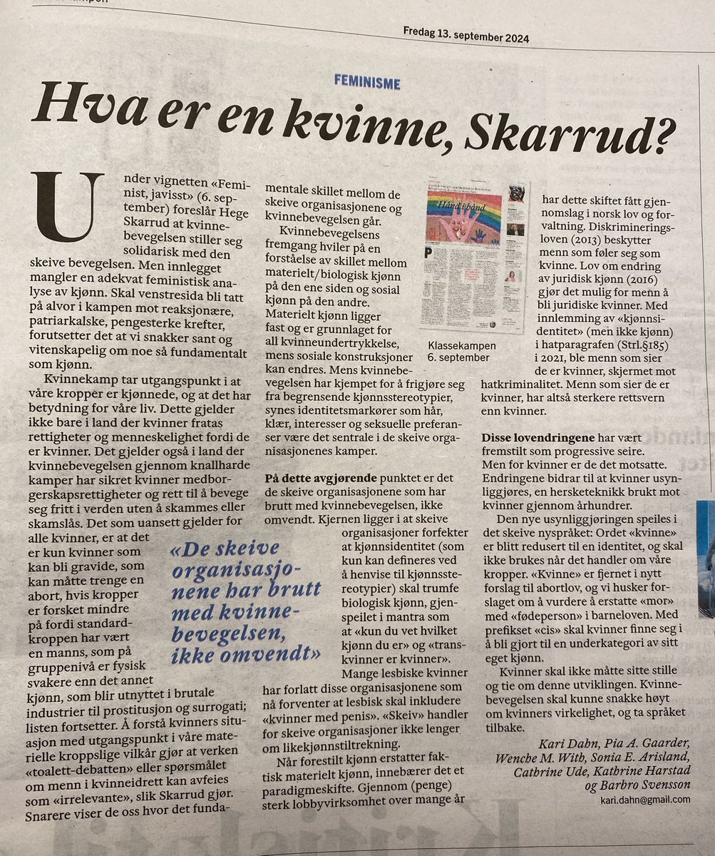 Knallgodt svar fra en rekke kloke kvinner i kvinnebevegelsen til Hege Skarruds forvirrede innlegg forrige fredag, der hun ba kvinnebevegelsen på venstresida om å gi opp sine kjønnsbaserte kamper.