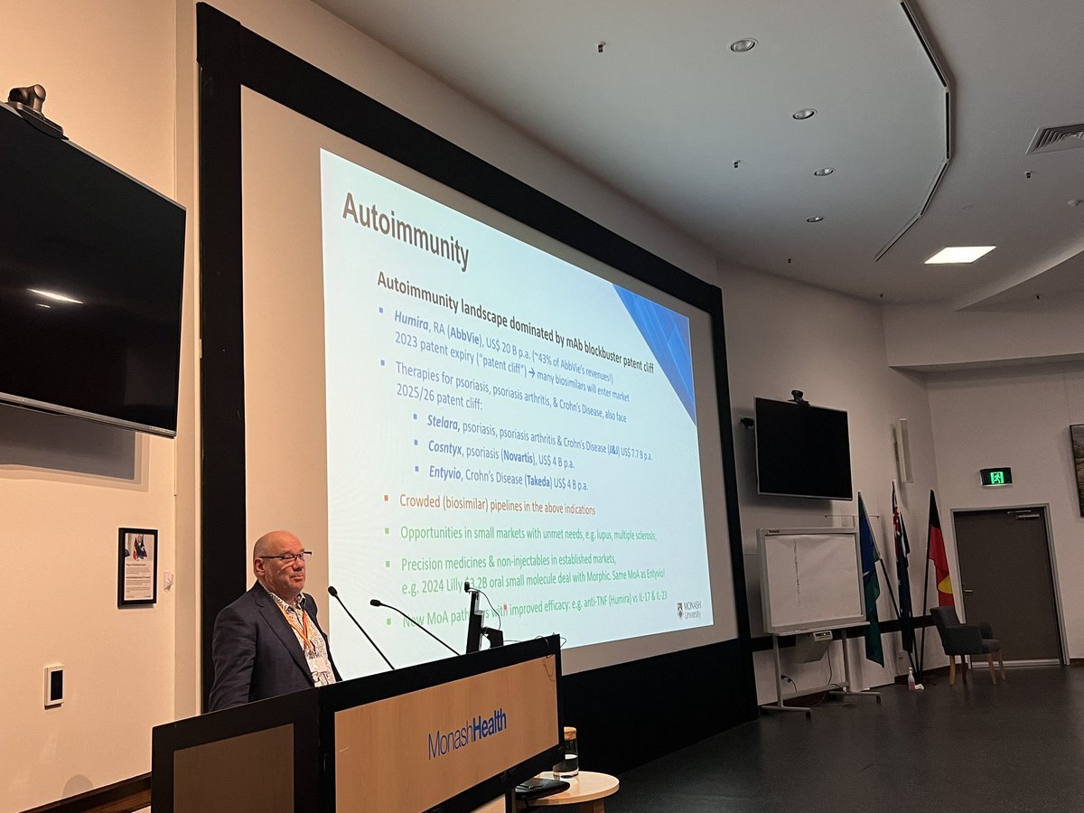 Dr Andrew Bray from <a href="/Monash_FMNHS/">Monash Medicine, Nursing and Health Sciences</a> explaining the patent cliff in the autoimmune  landscape and the importance in developing oral therapies  opposed to injectables <a href="/ImmuMon/">ImmuMon</a>