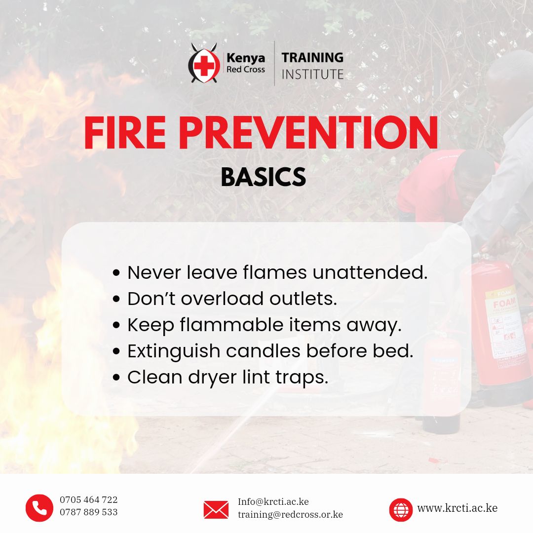 KRCTI_Kenya's tweet photo. Basic Fire Safety is a skill we should all acquire, here are a few tips on fire prevention:
#kenyaredcrosstraininginstitute #kenyaredcross #basicfiresafety #fireprevention #moh #learnaskillsavealife https://t.co/cABinhxn3s