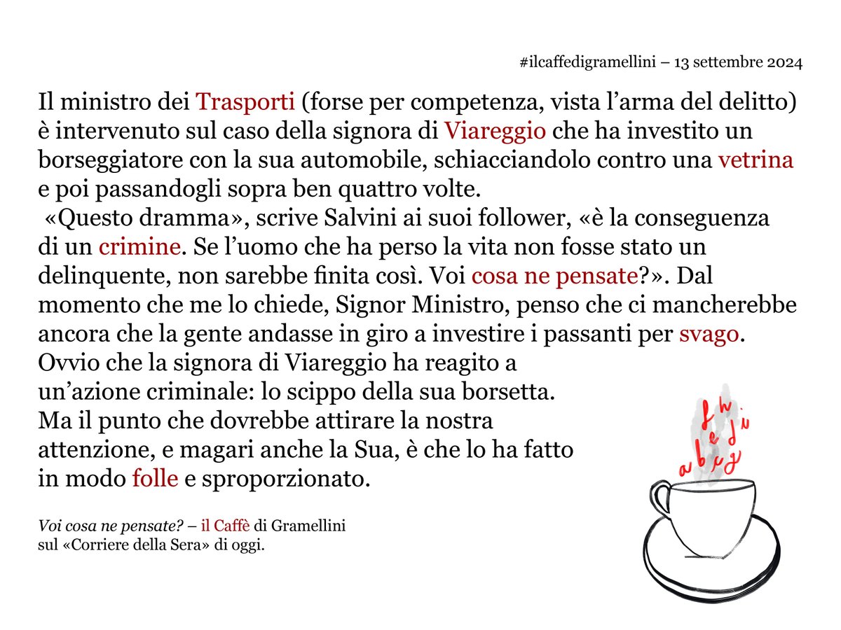 «Voi cosa ne pensate?» #ilcaffedigramellini sul <a href="/Corriere/">Corriere della Sera</a> di #venerdì #13settembre.
corriere.it/caffe-gramelli…