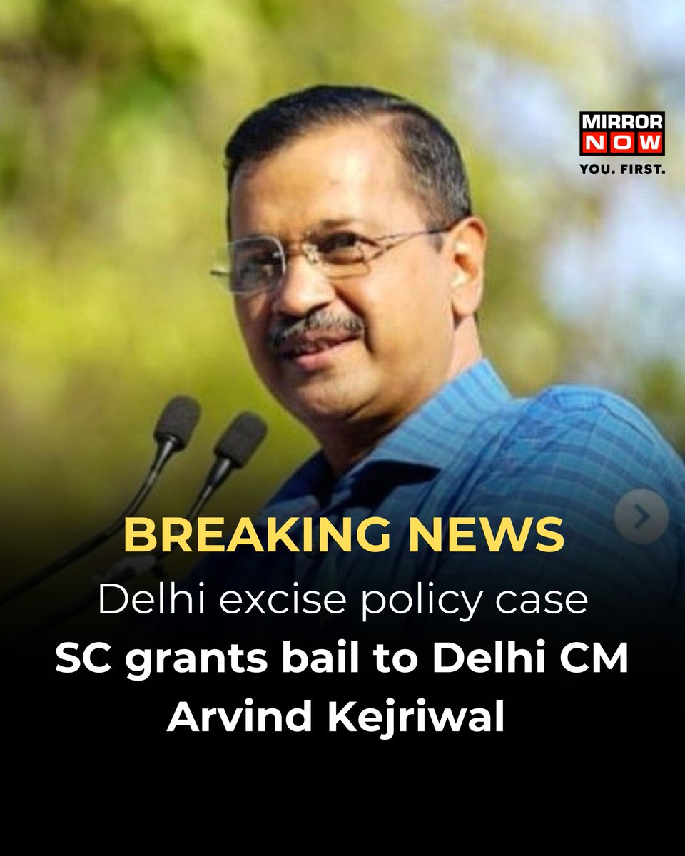 MirrorNow's tweet image. Supreme Court grants bail to Delhi Chief Minister and AAP national convener Arvind Kejriwal in a corruption case registered by CBI in the alleged excise policy scam.

Supreme Court says prolonged incarceration amounts to unjust deprivation of liberty. 

#ExcisePolicyCase