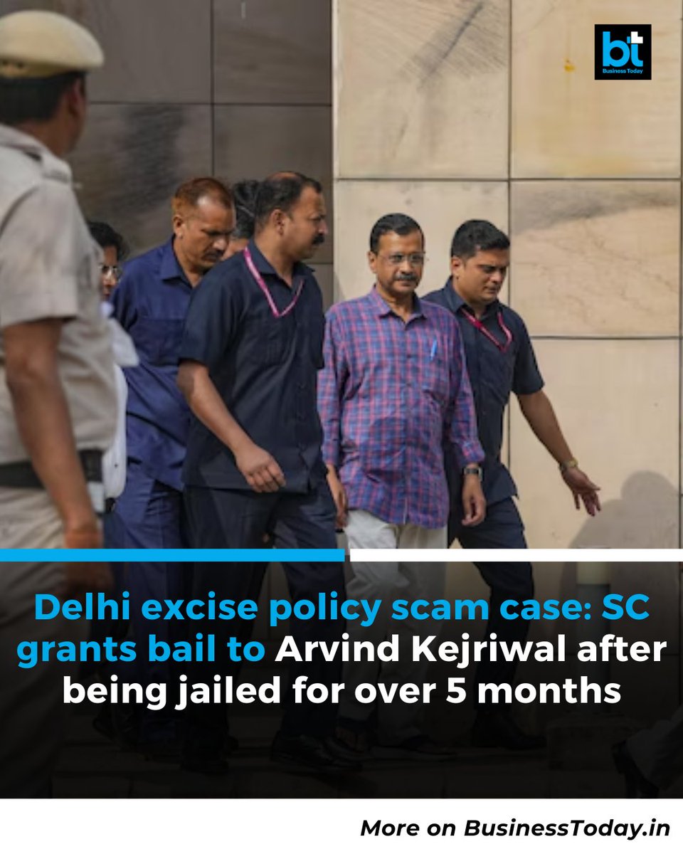 business_today's tweet photo. #DelhiExcisePolicyScam | The #SupremeCourt has granted bail to #Delhi Chief Minister #ArvindKejriwal in the Delhi excise policy scam case. Kejriwal is the third person to get legal relief in the case following the bail of #AAP leader #ManishSisodia and #BRS leader #KKavitha.
Kejriwal was first arrested by the ED on March 21 in a money laundering case stemming from the alleged liquor policy scam. He was arrested by the #CBI in a corruption case on June 26 while he was in the custody of the ED.
Read more: https://t.co/YoaxoRdxKo