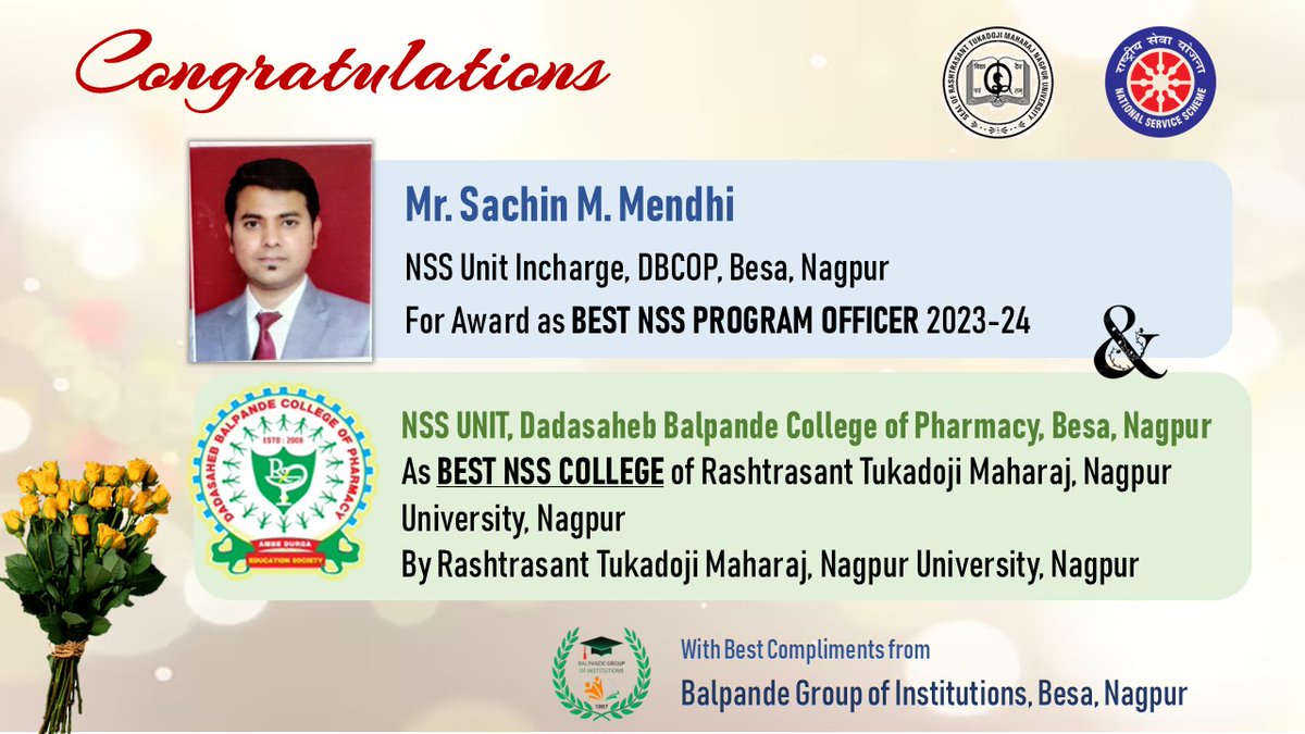 dbcop_edu's tweet photo. Congratulations to the NSS Unit of DADASAHEB BALPANDE COLLEGE OF PHARMACY, NAGPUR as a Best NSS College of #RTMNU & Mr. Sachin M. Mendhi for Best NSS Program Officer 2023-24.
#dbcop #nagpur #NSS https://t.co/hgF9WDOmof