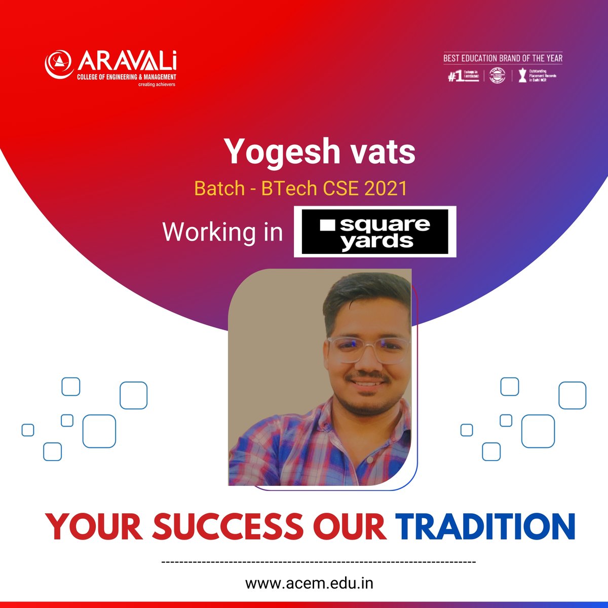 acem2008's tweet image. Thrilled to highlight our ACEM alumnus from the B.tech CSE batch of 2021, who gained valuable experience at square yards. Your journey of growth and learning is truly inspiring! 
#ACEMAlumni #Squareyards #CareerJourney #SuccessStory  #AravaliCollege #ACEMIndia