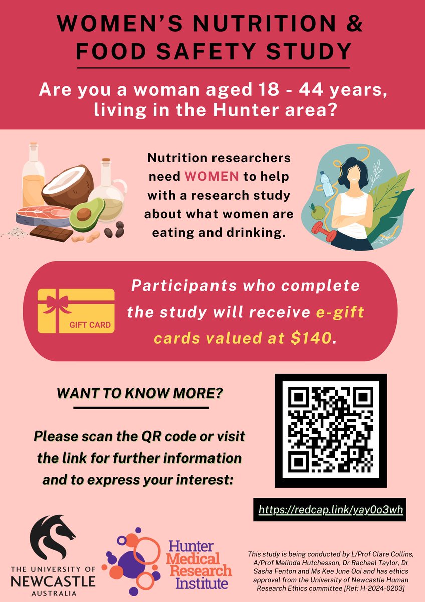 June (@june__ooi) on Twitter photo Researchers from the University of Newcastle need women aged 18-44 years, living in the Hunter area to participate in nutrition research.
Find out more here: redcap.link/e9lg8joz
<a href="/ProfCCollins/">Laureate Prof Clare Collins AO</a> <a href="/MelHutchesson/">A/Prof Melinda Hutchesson</a> <a href="/SashaFentonPhD/">Dr Sasha Fenton</a> <a href="/DrRMTaylor/">Rachael Taylor</a> <a href="/UON_research/">Uni Newcastle Research</a> <a href="/UONHealthScien1/">@UON_HealthSciences</a> Researchers from the University of Newcastle need women aged 18-44 years, living in the Hunter area to participate in nutrition research.
Find out more here: redcap.link/e9lg8joz
<a href="/ProfCCollins/">Laureate Prof Clare Collins AO</a> <a href="/MelHutchesson/">A/Prof Melinda Hutchesson</a> <a href="/SashaFentonPhD/">Dr Sasha Fenton</a> <a href="/DrRMTaylor/">Rachael Taylor</a> <a href="/UON_research/">Uni Newcastle Research</a> <a href="/UONHealthScien1/">@UON_HealthSciences</a>