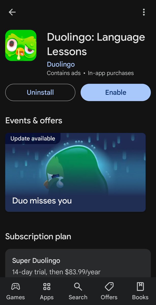 Vikastrangeart's tweet photo. I got so startled in the app store because of Duolingo's icon change, this happen to anyone else? If this is supposed to break my heart for the bird and use the app again, it is working, I need to pick up on some Spanish anyways😭😭😭 #Duolingo https://t.co/jNuapq2Nuc