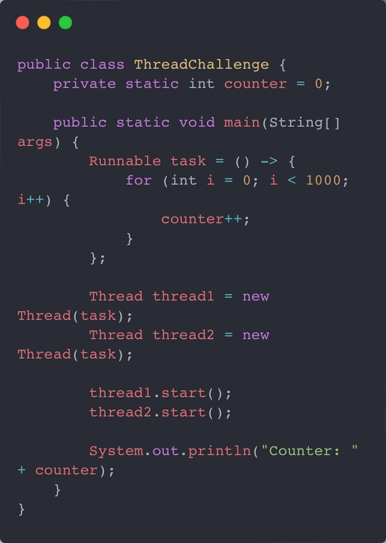 halilural1905's tweet image. 🧐 Java Concurrency Challenge! 🧐

Concurrency can be tricky! Can you find the potential issue in this Java code handling threads? 🔍

Looks fine at first glance, but something might go wrong. Can you figure it out? 💡 Drop your answers below!

#JavaConcurrency #ThreadSafety…