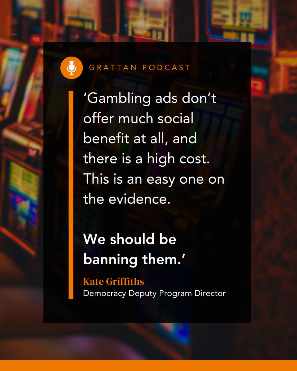 Grattan Institute (@grattaninst) on Twitter photo Why should Australia ban gambling advertising? And would a partial ban go far enough?
<a href="/_kgriffiths/">Kate Griffiths</a> and Elizabeth Baldwin tackle this and more on our latest podcast, discussing their new report, A better bet: How Australia should prevent gambling harm. buff.ly/4e6Mogs Why should Australia ban gambling advertising? And would a partial ban go far enough?
<a href="/_kgriffiths/">Kate Griffiths</a> and Elizabeth Baldwin tackle this and more on our latest podcast, discussing their new report, A better bet: How Australia should prevent gambling harm. buff.ly/4e6Mogs