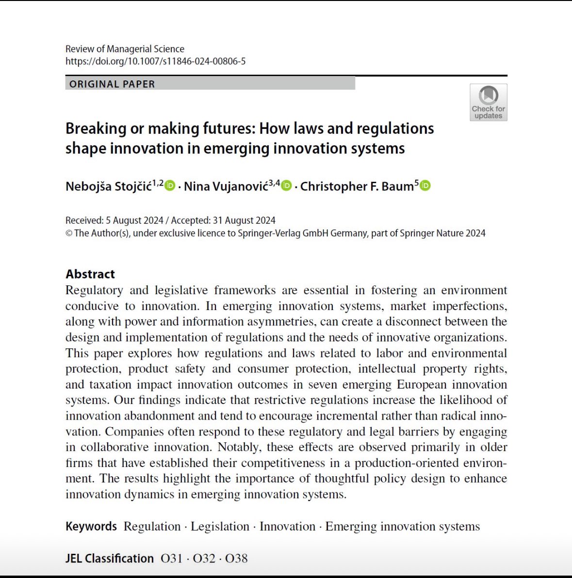 EU innovation is often constrained with over-regulation. <a href="/nina_vujanovic/">Nina Vujanović</a> , <a href="/cfbaum/">Kit Baum</a> and I show how stringent regulations push firms to abandon innovation or stick to incremental ones. 

#Innovation #Regulation <a href="/EU_ScienceHub/">EU_ScienceHub</a> <a href="/EUScienceInnov/">EU Science & Innovation 🇪🇺</a> 

link.springer.com/article/10.100…