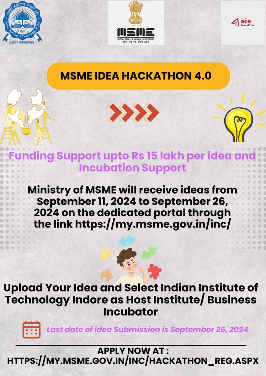 IITI_ACEF's tweet photo. The Ministry of MSME has recently launched MSME IDEA HACKATHON 4.0. If you are looking for funding support, then register in (https://t.co/sHvrKaT8Pb). Upload idea by clicking submit idea and selecting HI/BI as IIT Indore. Last Date September 26, 2024 https://t.co/3vpEK1l3dN