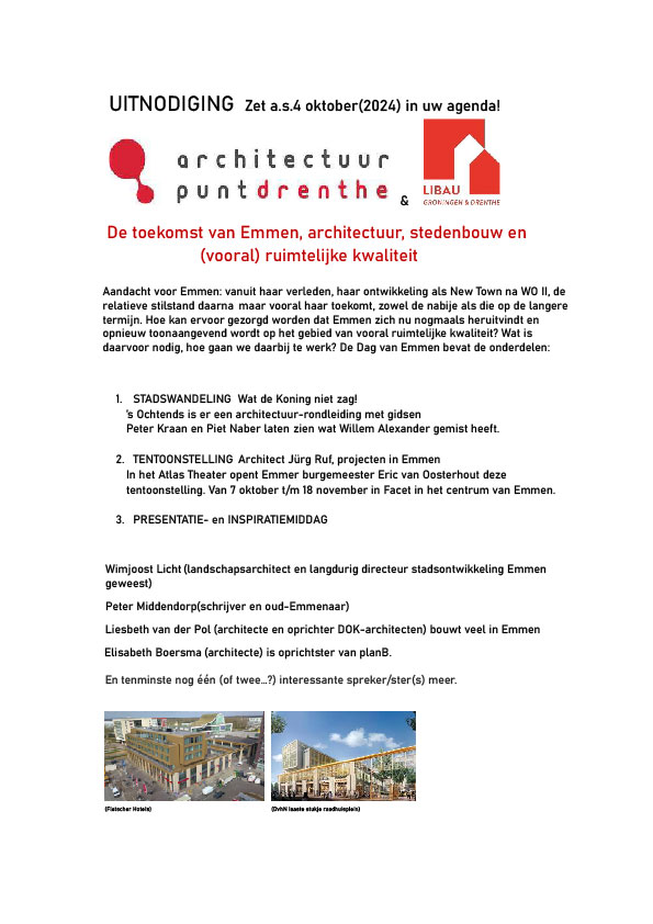 ArchiPuntDR's tweet photo. 4 oktober de Drentse dag van de Architectuur. Wees welkom en geef je op 

**** 'S OCHTENDS ****
stadswandeling en tentoonstelling

***** 'S MIDDAGS **** 
Inspirerende sprekers waaronder @Petermiddendorp 
Geef je op
#emmen https://t.co/vgnx6mZgJe