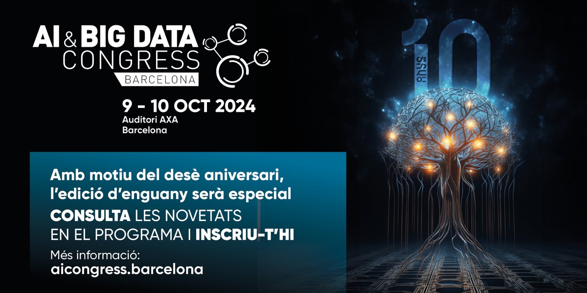 tic's tweet photo. 📢 Encara et pots inscriure al #AIBigData24, el congrés de la #IA organitzat pel @CIDAI_eu en el marc de l'estratègia #CataloniaAI del @govern!
✨Una edició especial per celebrar el 10è aniversari!
🗓️9-10/10
📍#AuditoriAXA
Inscriu-t'hi! 👉https://t.co/lLsRIXPRrn https://t.co/QFvd1m1sPB