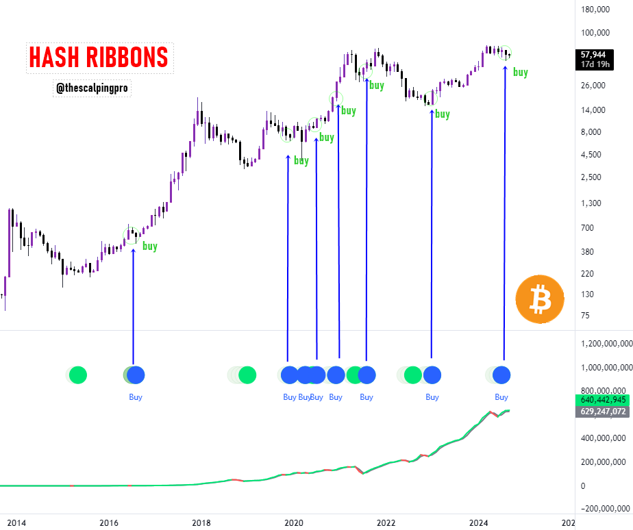 #Bitcoin - hash ribbon flashed a buy signal.

Historically, this has been one of the most reliable indicators for Bitcoin. 

Every time we've seen this signal, it’s often followed by a massive pump in BTC!