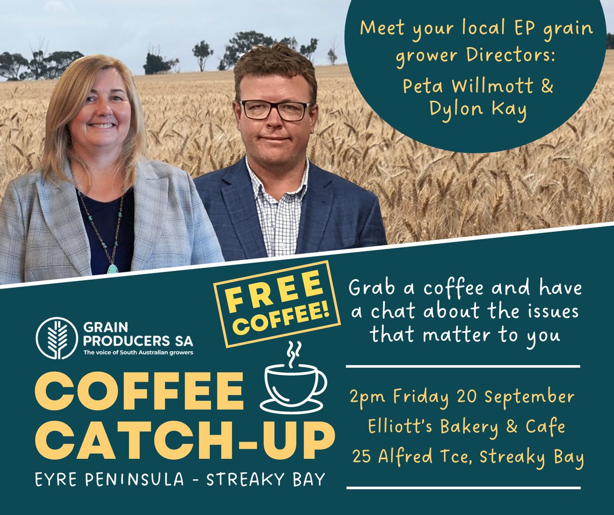 COFFEE CATCH UP: If you're a producer on the EP, come along to our free Coffee Catch up in Streaky Bay on Friday 20 Sep, 2-4pm at Elliott’s Bakery &amp; Cafe. Have a chat about issues over a coffee &amp; meet with local producer Directors Peta Willmott &amp; Dylon Kay shorturl.at/IW5St