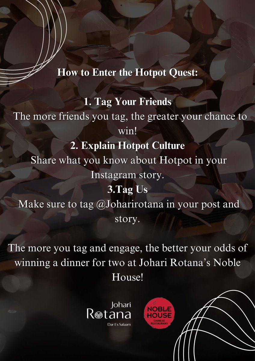 Ready to spice up your dinner plans? 
Compete for a chance to win a complimentary dinner as you dive into the flavors of tradition and fun. 

Are you up for the challenge? 👀 Tag your hotpot squad and get ready for a night of steaming goodness! 💥 #joharirotana  #NobleHouse