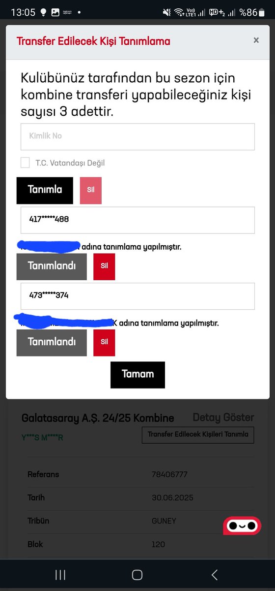 Galatasaray' ımızın bu sezona ait 2 adet güney alt kombineme tc numarasını ekletip Avrupa ve derbi maçlarında satın alıp giderim diyen dm den ulaşsın lütfen