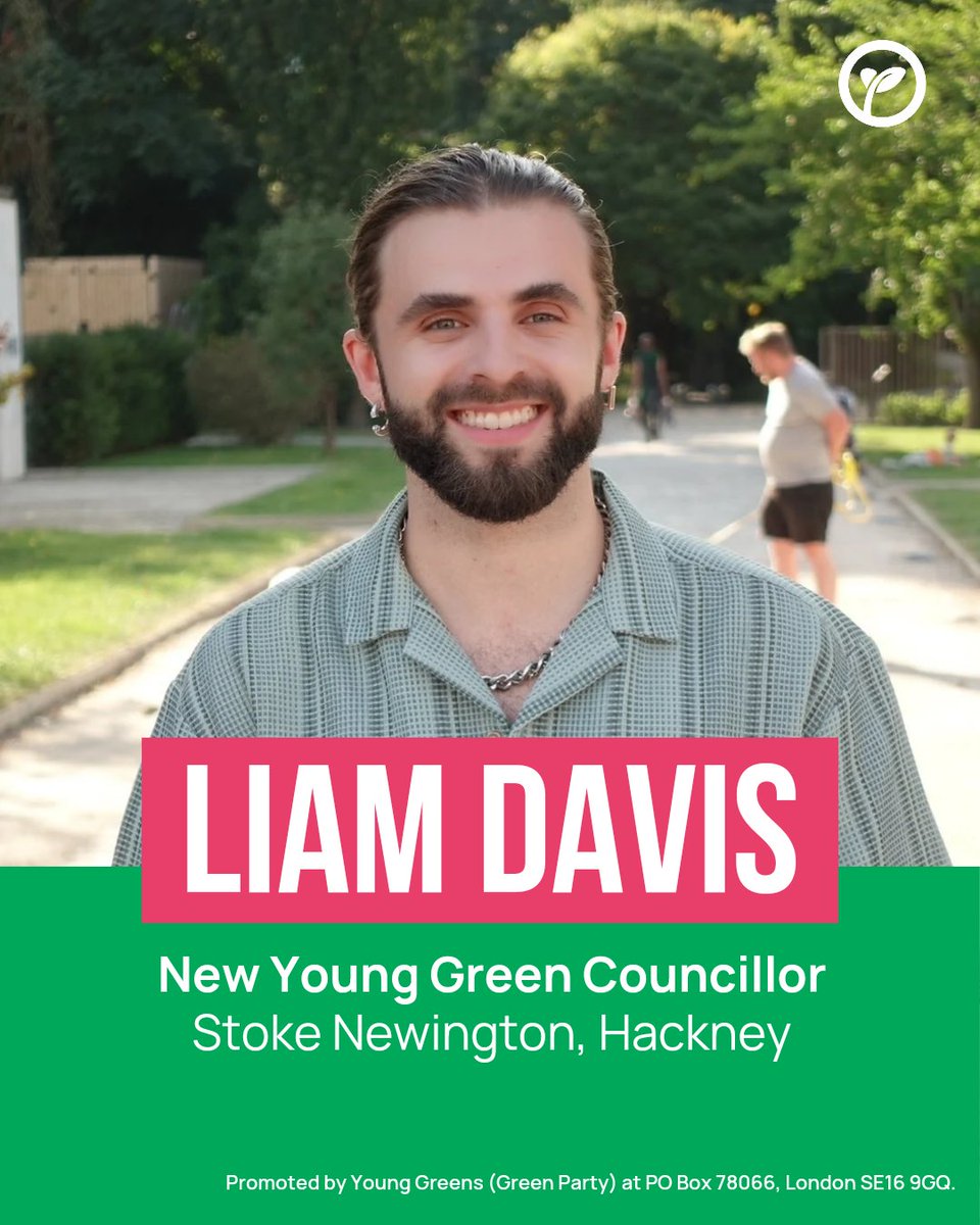 YoungGreenParty's tweet photo. Congratulations Liam Davis, new Young Green Councillor in Hackney 💚 https://t.co/ooHe3NxtdC