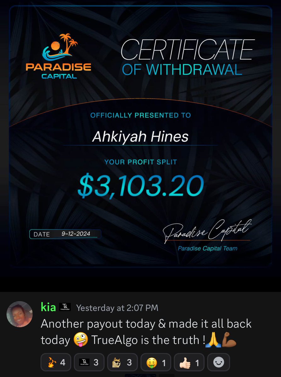 True_Algo's tweet image. Congrats True Algo member Kia!!!! Your hard work with the system is paying off. Looking forward to seeing your continued payouts. Great job on the $4500 day today. 
#TrueAlgo #PropFirm #Payout #goldfutures #Indexfutures #Forex