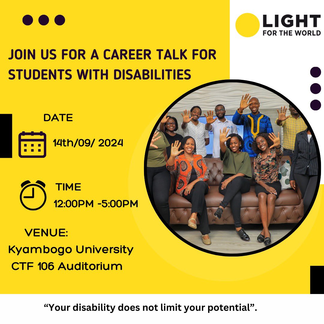 Are you a student with a disability at Kyambogo or nearby? We've got something exciting for you this weekend!

Join us for a career talk to gain valuable insights and level up your career journey. Don’t miss out!