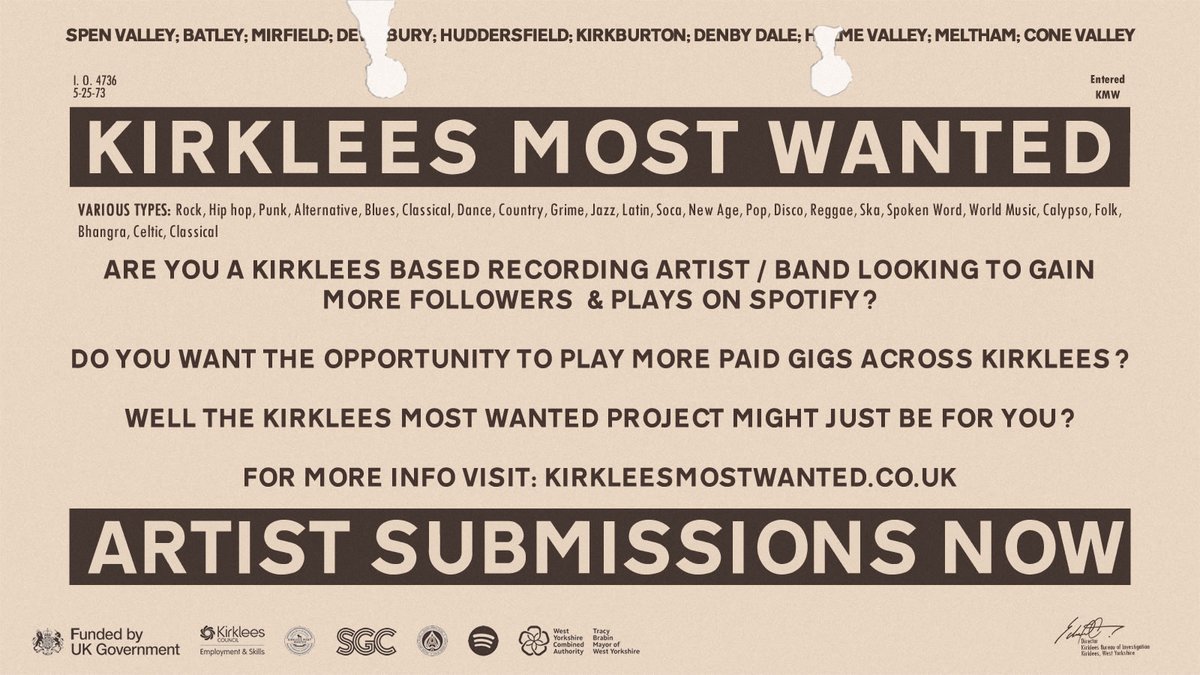 🎸🎤🎹 Are you a recording artist or band looking for more Spotify streams &amp; the opportunity to play paid gigs across Kirklees? Apply now to our new #KirkleesMostWanted project, 
forms.gle/N2d3SE3YH9QMf5…