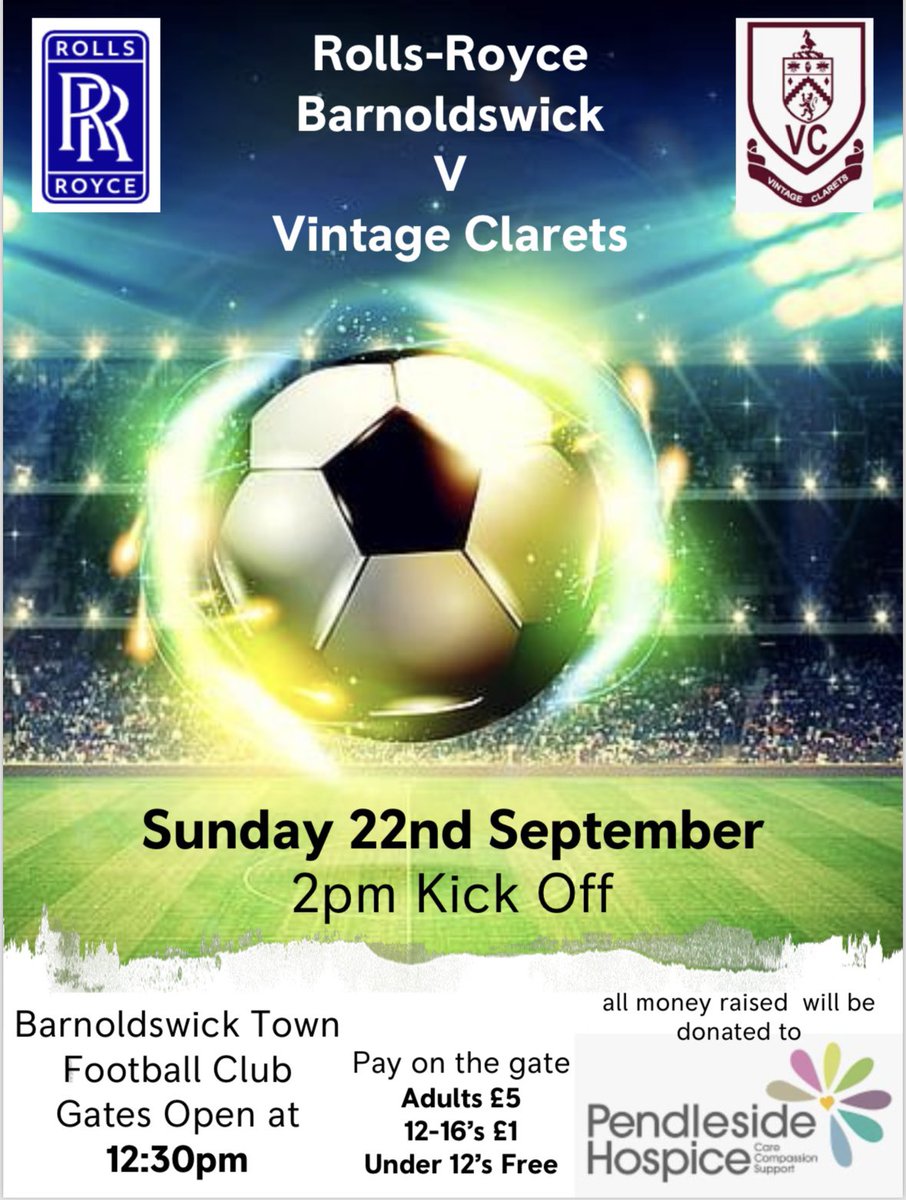 Happy Friday.. we have a few events coming up &amp; first we are helping Rolls Royce raise funds for Pendleside Hospice next weekend this game was a massive success last year and it would be great to see you all down again ⚽️💙💛