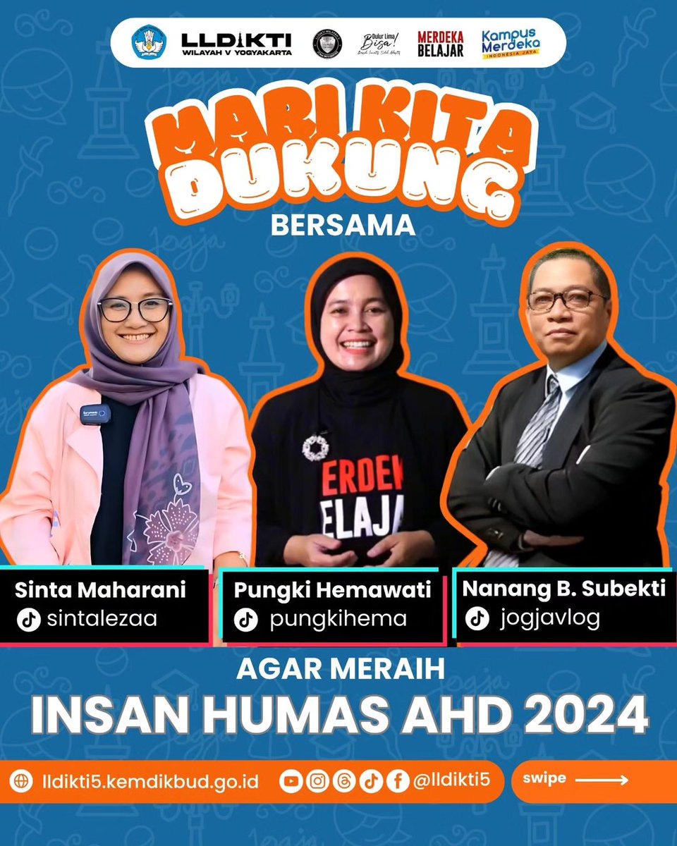 🌟 Dukung Calon Insan Humas Terbaik LLDIKTI Wilayah V! 🌟

1️⃣ Pungki Hemawati dari LLDIKTI Wilayah V
2️⃣ Shinta Maharani dari Universitas Aisyiyah Yogyakarta
3️⃣ Nanang Bagus Subekti dari Universitas Sarjanawiyata Tamansiswa