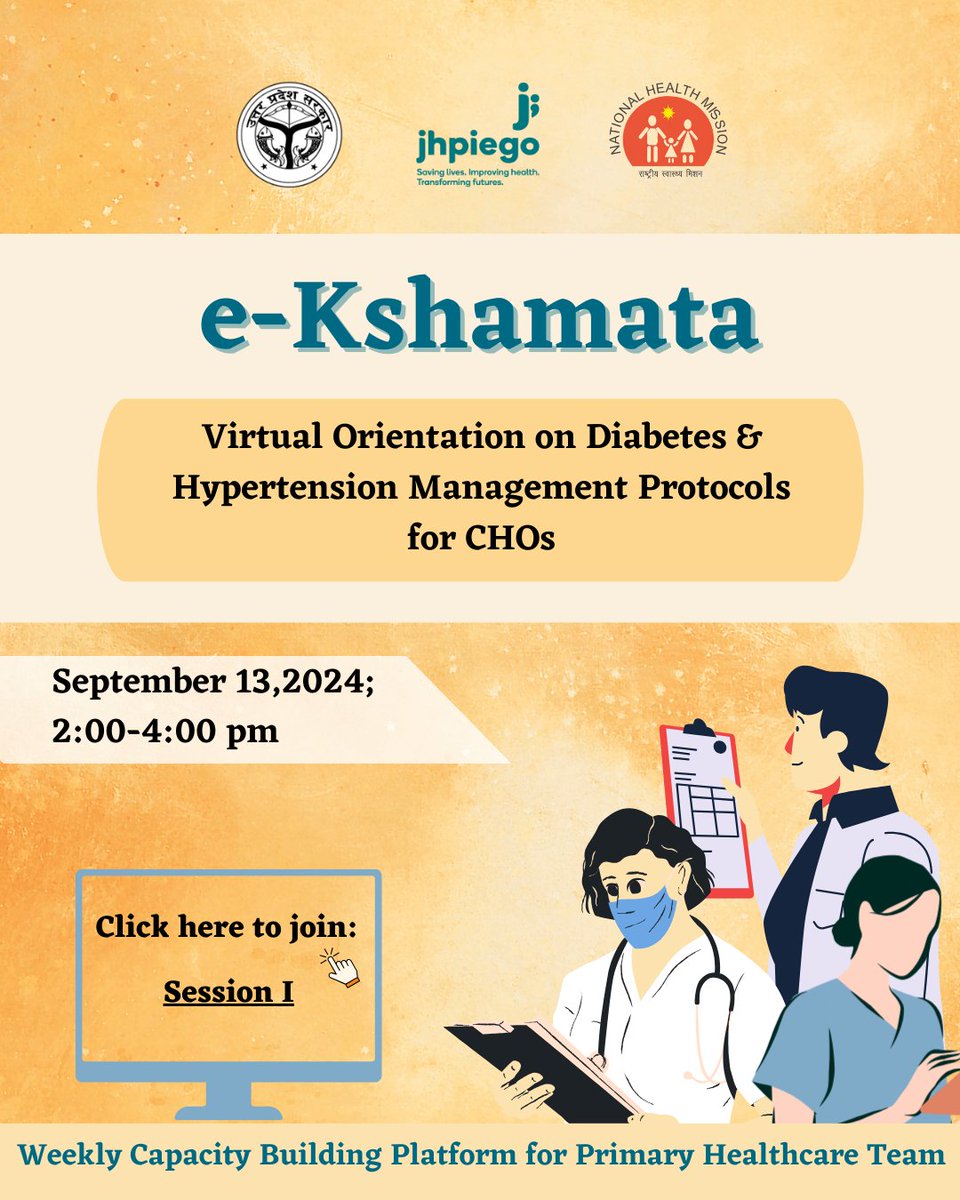 Ayushman Arogya Mandir_Uttar Pradesh (@hwc_up) on Twitter photo Join us today for a Virtual Orientation on Diabetes & Hypertension Management Protocols for CHOs.
🗓️: 13 Sep 2024 📷
⏰: 2:00-4:00 PM
🔗youtube.com/live/gMO_6u_vK…
<a href="/nhm_up/">NHM UP</a> <a href="/Sen2Partha/">partha_sen2</a> <a href="/Sat_21298/">Sanjay Tripathi</a> <a href="/JhpiegoIndia/">JhpiegoIndia</a> Join us today for a Virtual Orientation on Diabetes & Hypertension Management Protocols for CHOs.
🗓️: 13 Sep 2024 📷
⏰: 2:00-4:00 PM
🔗youtube.com/live/gMO_6u_vK…
<a href="/nhm_up/">NHM UP</a> <a href="/Sen2Partha/">partha_sen2</a> <a href="/Sat_21298/">Sanjay Tripathi</a> <a href="/JhpiegoIndia/">JhpiegoIndia</a>