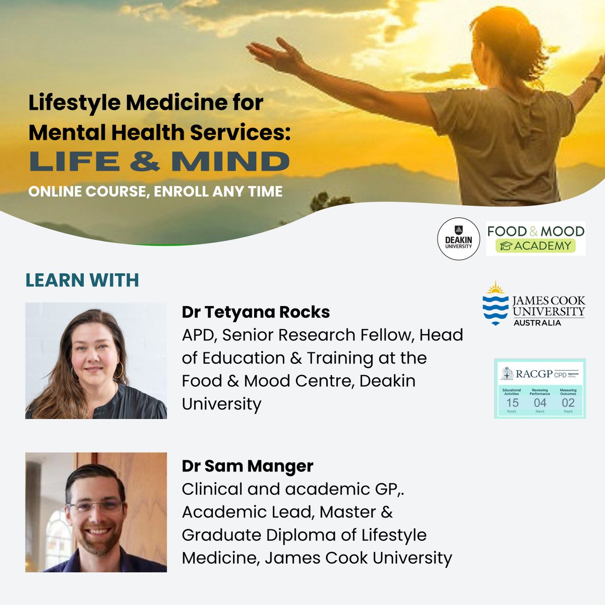 Food & Mood Centre (@foodmoodcentre) on Twitter photo Want to learn with the <a href="/FoodMoodAcademy/">Food & Mood Academy</a>?
Together, Dr <a href="/Tetyana_Rocks/">Dr Tetyana Rocks 🇺🇦</a> and Dr Sam Manger have put together ‘Lifestyle Medicine for Mental Health Services: Life & Mind’ This 3 week, online course is accredited for 21 CPD hours with RACGP
futurelearn.com/courses/lifest… Want to learn with the <a href="/FoodMoodAcademy/">Food & Mood Academy</a>?
Together, Dr <a href="/Tetyana_Rocks/">Dr Tetyana Rocks 🇺🇦</a> and Dr Sam Manger have put together ‘Lifestyle Medicine for Mental Health Services: Life & Mind’ This 3 week, online course is accredited for 21 CPD hours with RACGP
futurelearn.com/courses/lifest…