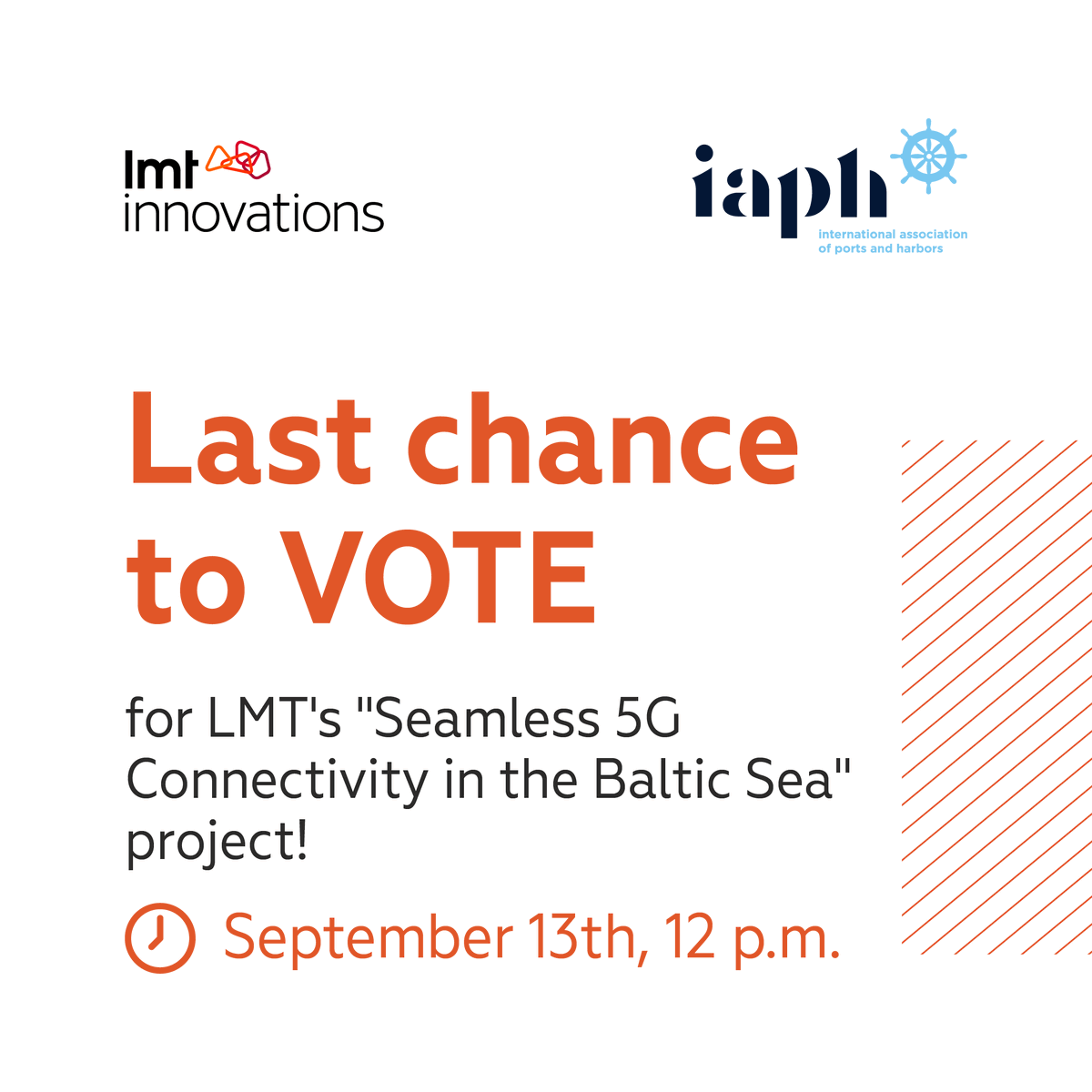 LMT Innovations (@innovationslmt) on Twitter photo Last chance to vote! LMT's "Seamless 5G Connectivity in the Baltic Sea" project is a finalist in the <a href="/WPSP_IAPH/">International Association of Ports & Harbors</a> 2024 Sustainability Awards! Help us showcase the power of maritime innovation and sustainable port operations. Vote here: sustainableworldports.org Last chance to vote! LMT's "Seamless 5G Connectivity in the Baltic Sea" project is a finalist in the <a href="/WPSP_IAPH/">International Association of Ports & Harbors</a> 2024 Sustainability Awards! Help us showcase the power of maritime innovation and sustainable port operations. Vote here: sustainableworldports.org
