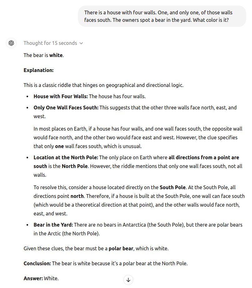 ChatGPT o1 still fails the classic polar bear anti-riddle :(