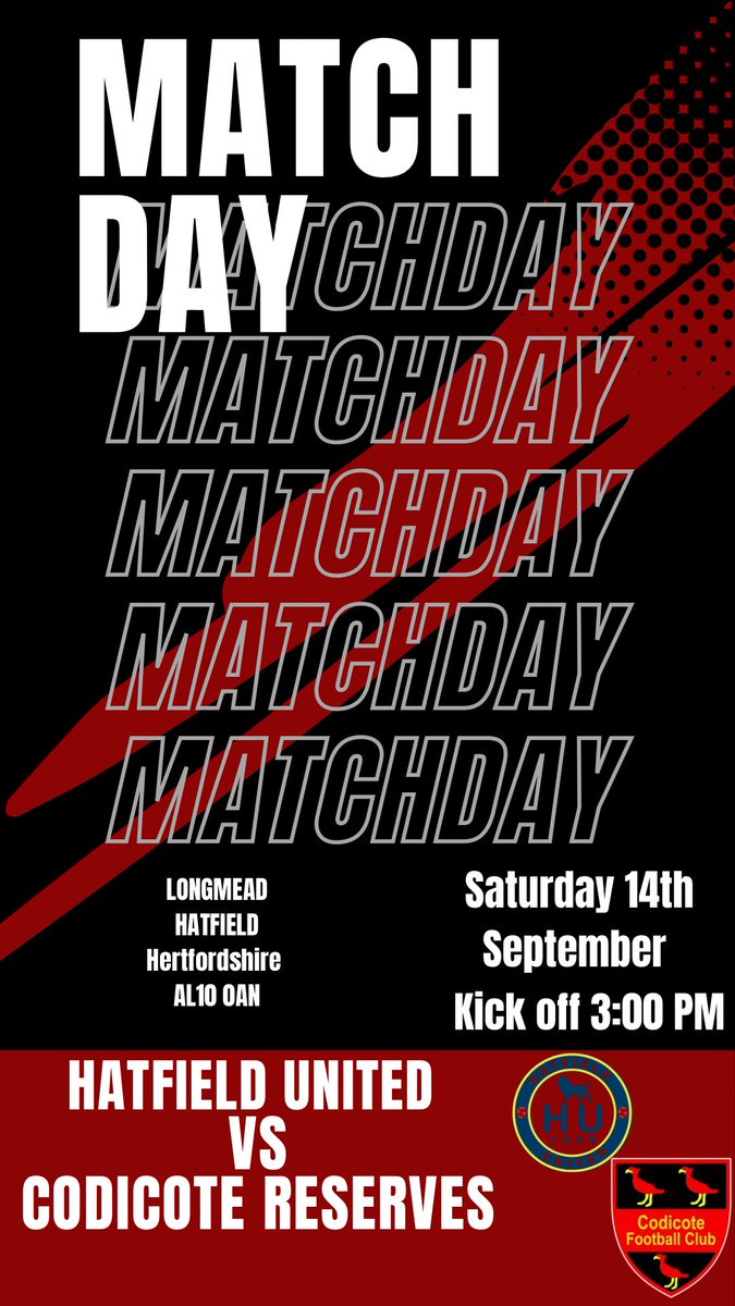 CodicoteFCRes's tweet image. This Saturday we take on 
🆚@HatUnitedFC 
⏰3:00 KO
🏟️AL10OAN
#upthecod @1000gbp @CPS_UPS
@tilld3112 @Darbs352 @FC_Codicote