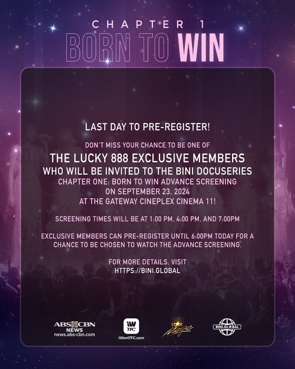 BINI_ph's tweet photo. #BINI: It's like your birthday on repeat if you get a seat to the Chapter One: Born To Win Advance Screening!📽️

Pre-register now using the form on our Exclusive Membership page at 🔗 https://t.co/tc3mslM2yn!😘🌸

Pre-registration ends today at 6PM, so don't miss out! https://t.co/nCyZ7JJWEr