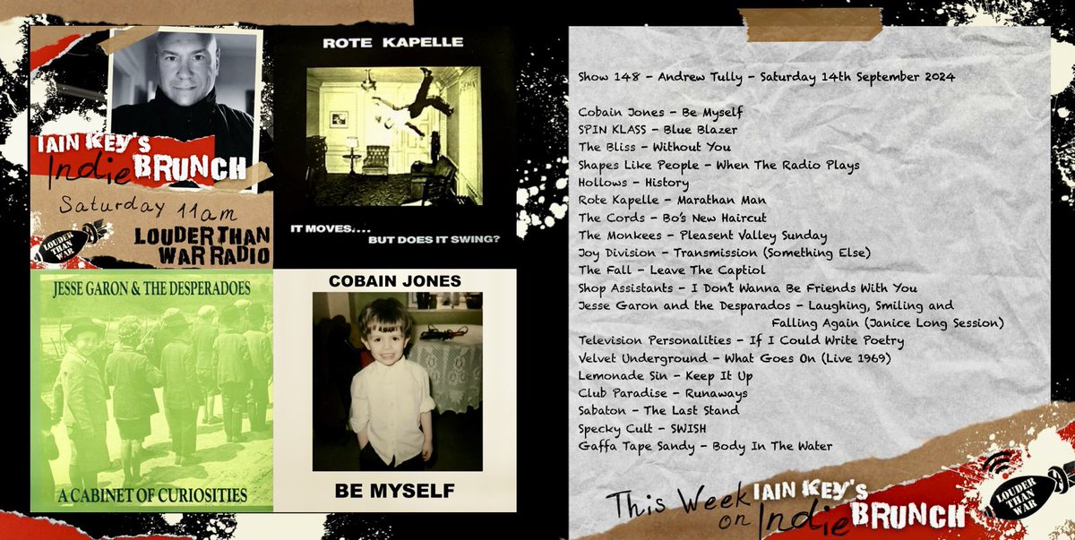 Iain Key (@iainkey) on Twitter photo Tomorrow 11am on my Indie Brunch with special guest Andrew Tully <a href="/charlieendell/">Andrew Tully</a> for <a href="/louderthanwar/">Louder Than War</a>
Stream via s2.radio.co/sab795a38d/lis⊠or Android/iOS orrotekapelle #thecords later
<a href="/Cobain_Jones/">Cobain Jones</a> <a href="/SPINKLASS/">SPIN KLASS</a> <a href="/TheBlissUk/">The Bliss</a> <a href="/ShapesLike/">shapes like people</a> <a href="/HollowsUk/">Ho||ows</a> #rotekapelle #thecords Tomorrow 11am on my Indie Brunch with special guest Andrew Tully <a href="/charlieendell/">Andrew Tully</a> for <a href="/louderthanwar/">Louder Than War</a>
Stream via s2.radio.co/sab795a38d/lis⊠or Android/iOS orrotekapelle #thecords later
<a href="/Cobain_Jones/">Cobain Jones</a> <a href="/SPINKLASS/">SPIN KLASS</a> <a href="/TheBlissUk/">The Bliss</a> <a href="/ShapesLike/">shapes like people</a> <a href="/HollowsUk/">Ho||ows</a> #rotekapelle #thecords