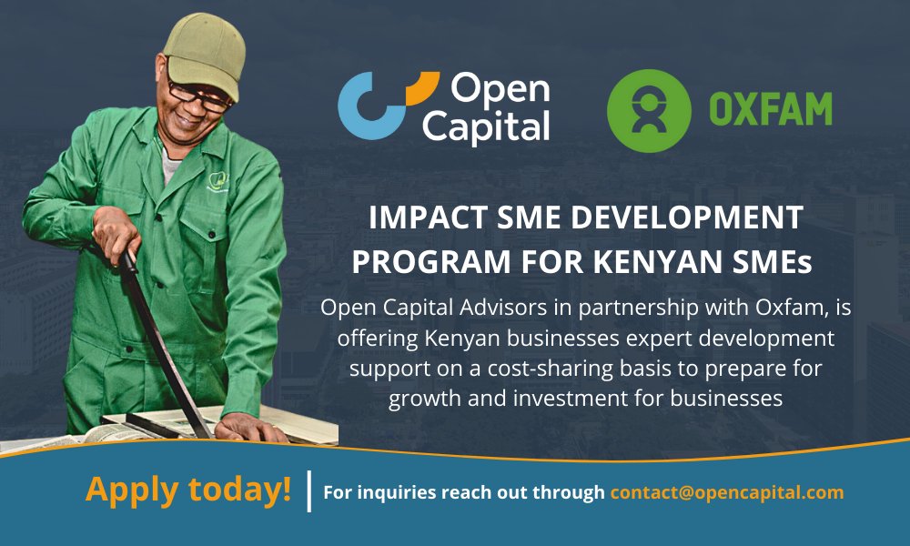 Open Capital (@oca_africa) on Twitter photo 🚨 Only 8 days left to Apply!
Are you a #SME looking to develop a business growth strategy and a robust business plan? <a href="/Oxfam/">Oxfam International</a> and <a href="/OCA_Africa/">Open Capital</a> are accepting applications for Year 3 of the #Impact SME Development program.
Learn more: bit.ly/4duucNu 🚨 Only 8 days left to Apply!
Are you a #SME looking to develop a business growth strategy and a robust business plan? <a href="/Oxfam/">Oxfam International</a> and <a href="/OCA_Africa/">Open Capital</a> are accepting applications for Year 3 of the #Impact SME Development program.
Learn more: bit.ly/4duucNu