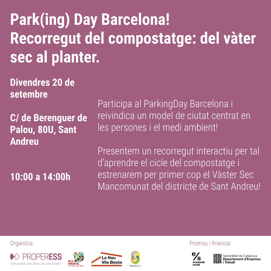 🚘T'esperem el pròxim 20/09 al #parkingday!

♻️ Amb <a href="/Andromines/">Andròmines</a> descobrirem el cicle del compostatge i presentarem el Vàter Sec Mancomunat que hem construït des de la #comunalitat amb #Saneseco pel districte de <a href="/BCN_SantAndreu/">BCN_SantAndreu</a>.

On? Al #parking de l'escola 30 Passos ⤵️