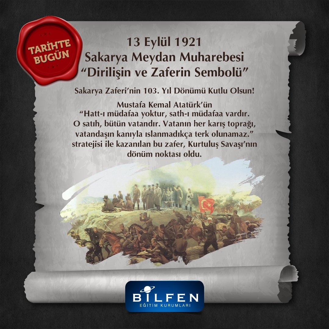 13 Eylül 1921 Sakarya Meydan Muharebesi 
"Dirilişin ve Zaferin Sembolü”
Sakarya Zaferi’nin 103. Yıl Dönümünü Kutlu Olsun!

youtube.com/watch?v=TCLW3U…
#bilfen