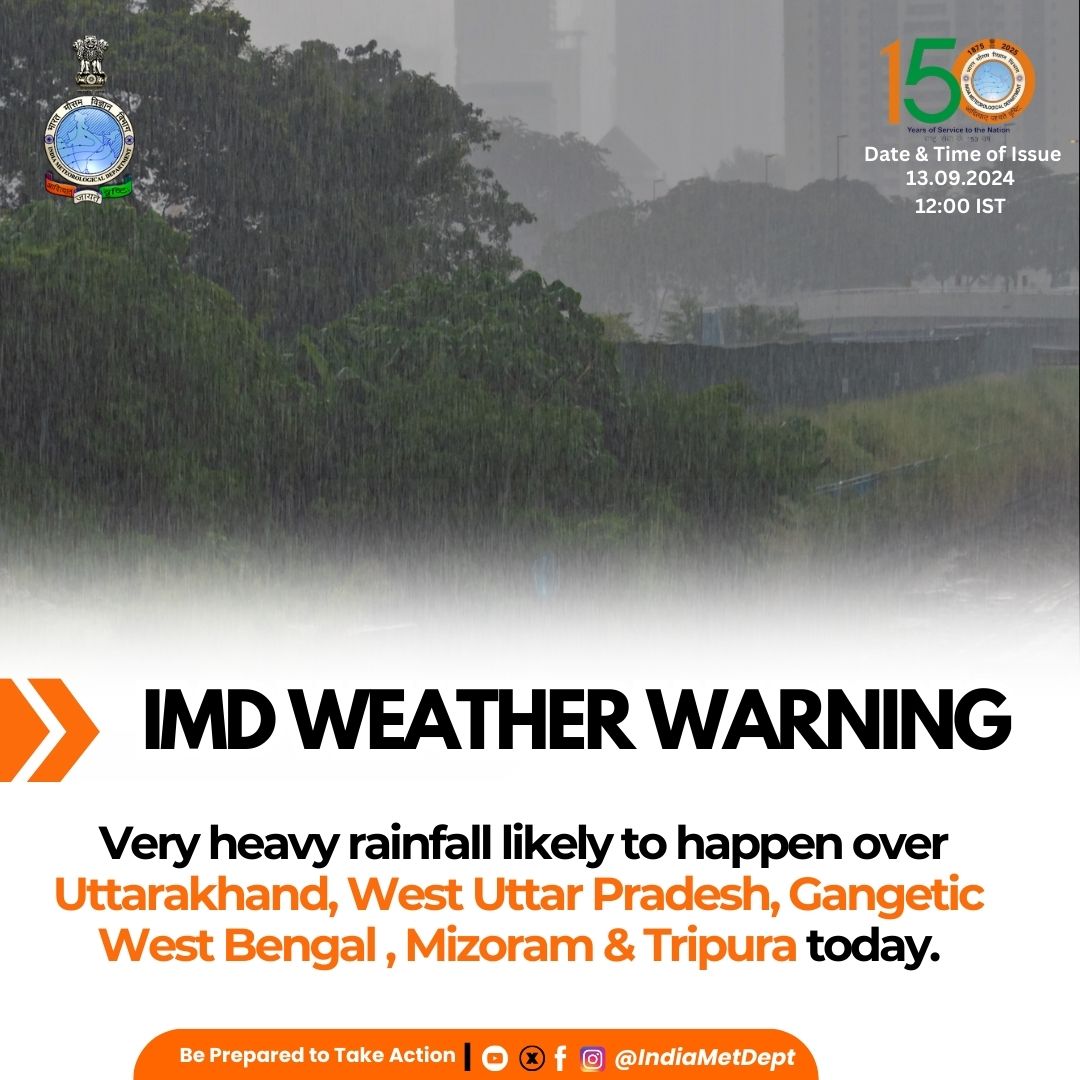 Indiametdept's tweet photo. Very heavy rainfall likely to occur over Uttarakhand, West Uttar Pradesh, Gangetic West Bengal , Mizoram & Tripura today 13.09.2024.
#IMDWeatherUpdate #RainfallUpdate #rainfalltoday #uttarpradesh #WestBengal #mizoram #tripura
@moesgoi @ndmaindia @airnewsalerts @DDNewslive @UP_SDMA @USDMAUk @dipr_mizoram @DisasterMgmtTRP @wbdmcd