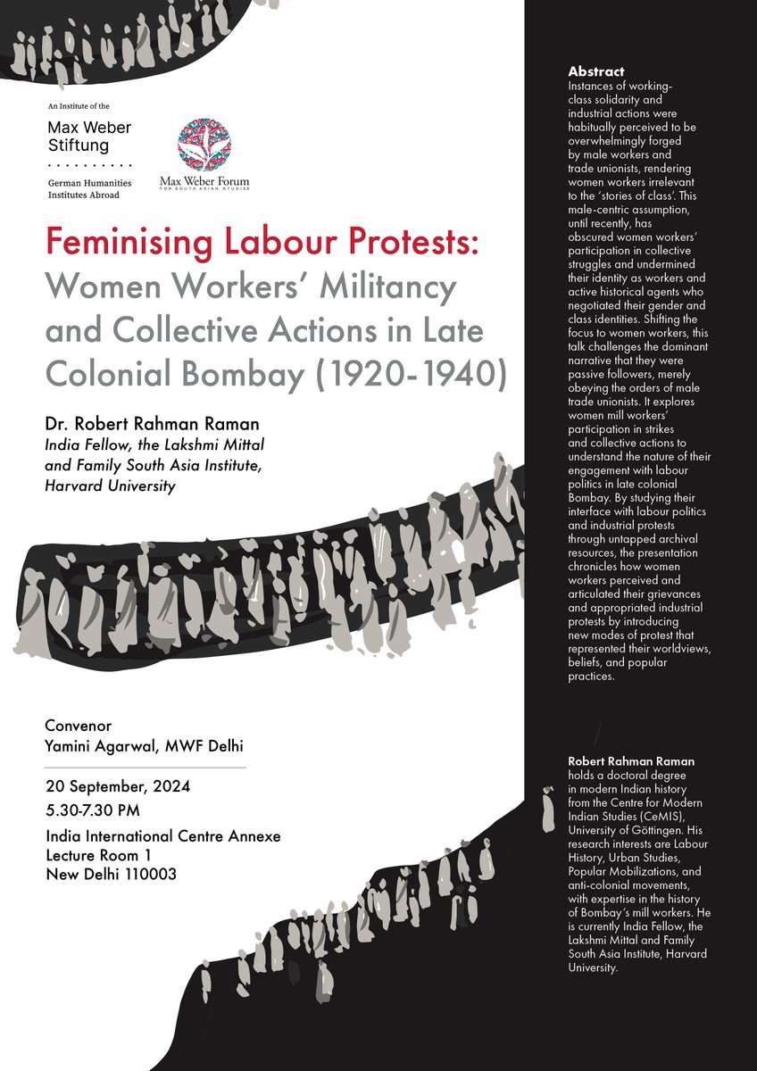 Next Friday <a href="/robertrahmanram/">robertrahmanraman</a>  will talk on, ‘Feminising Labour Protests: Women Workers’ Militancy and Collective Actions in Late Colonial Bombay (1920-1940)’.

Register by 16th September at: events@mwsindia.org . 

More on the event here: mwfdelhi.hypotheses.org/12982