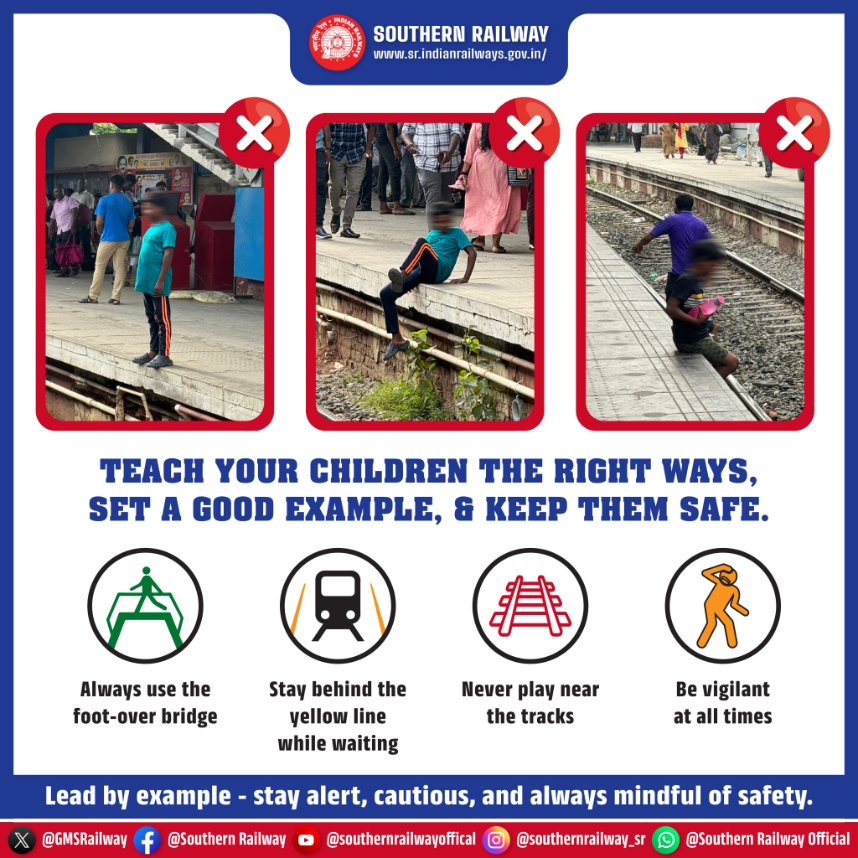 SalemDRM's tweet image. Teach your children the right ways, set a good example, and keep them safe. 

Always use the foot-over bridge. 📷 Stay behind the yellow line while waiting. 📷 Be vigilant at all times. 

#StayCautious #SouthernRailway
