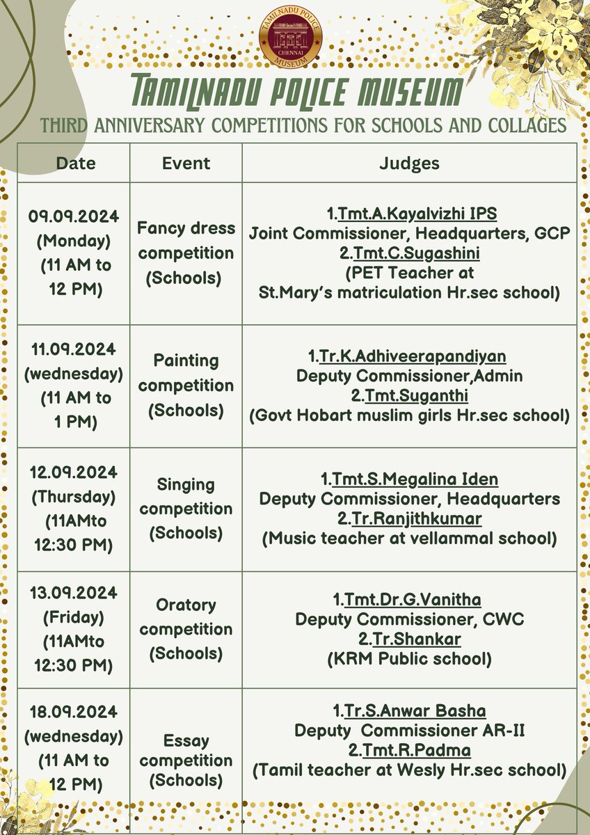 tnpm_chn's tweet photo. The Tamilnadu Police Museum will be celebrating its third year Anniversary on 28.09.2024. To commemorate the occasion, a variety of competitionsfor school and college studen from 9.9.2024 till 26.9.2024. certificates for the winners and participants will be awarded on
28/09/2024 https://t.co/37cMHgsOsh