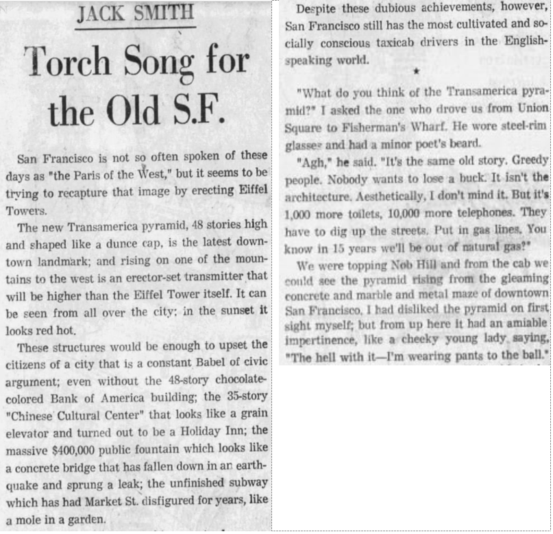 1972 review of the Transamerica Pyramid, with a nod to Sutro Tower and San Francisco's urbane taxi drivers.